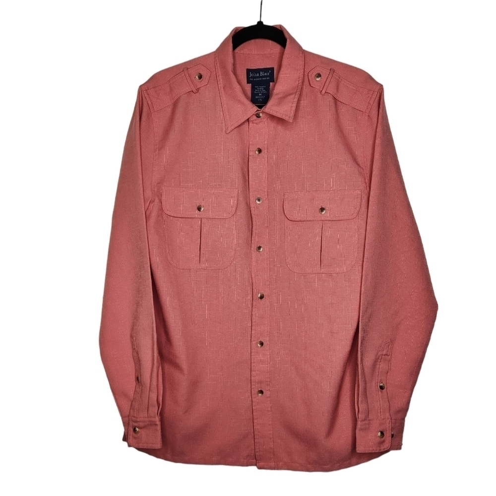 Vtg John Blair Mens M Long Sleeve Button Up Shoulder Strap Pleated Pockets Pink